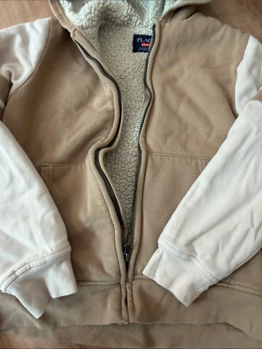 The Children's Place Sherpa-Lined Zip Hoodie in Tan & Cream size large 10/12